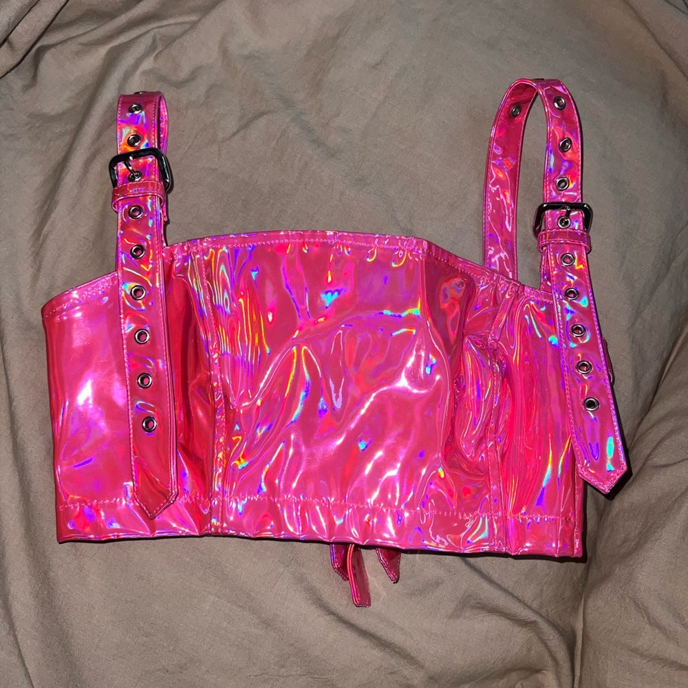 Dolls Kill Club Exx Hard Kandi Pink Holographic Buckle Top